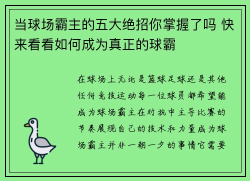 当球场霸主的五大绝招你掌握了吗 快来看看如何成为真正的球霸