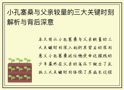 小孔塞桑与父亲较量的三大关键时刻解析与背后深意