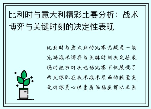 比利时与意大利精彩比赛分析：战术博弈与关键时刻的决定性表现