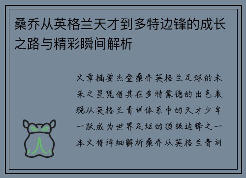 桑乔从英格兰天才到多特边锋的成长之路与精彩瞬间解析