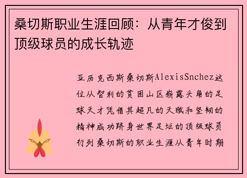 桑切斯职业生涯回顾：从青年才俊到顶级球员的成长轨迹